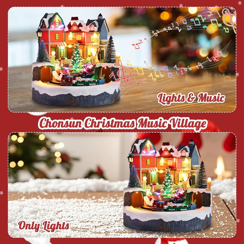 CHONSUN Christmas Village Sets 9 Inch Animated Moving Christmas Tree Train USB/3AA Batteries Music Village House Indoor Decoration Xmas Town Houses for Holiday Decor - Image 4